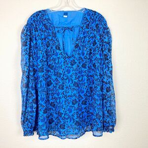 Old Navy Chiffon Smocked Top Size L Blue Floral Lined with Sheer Balloon Sleeves
